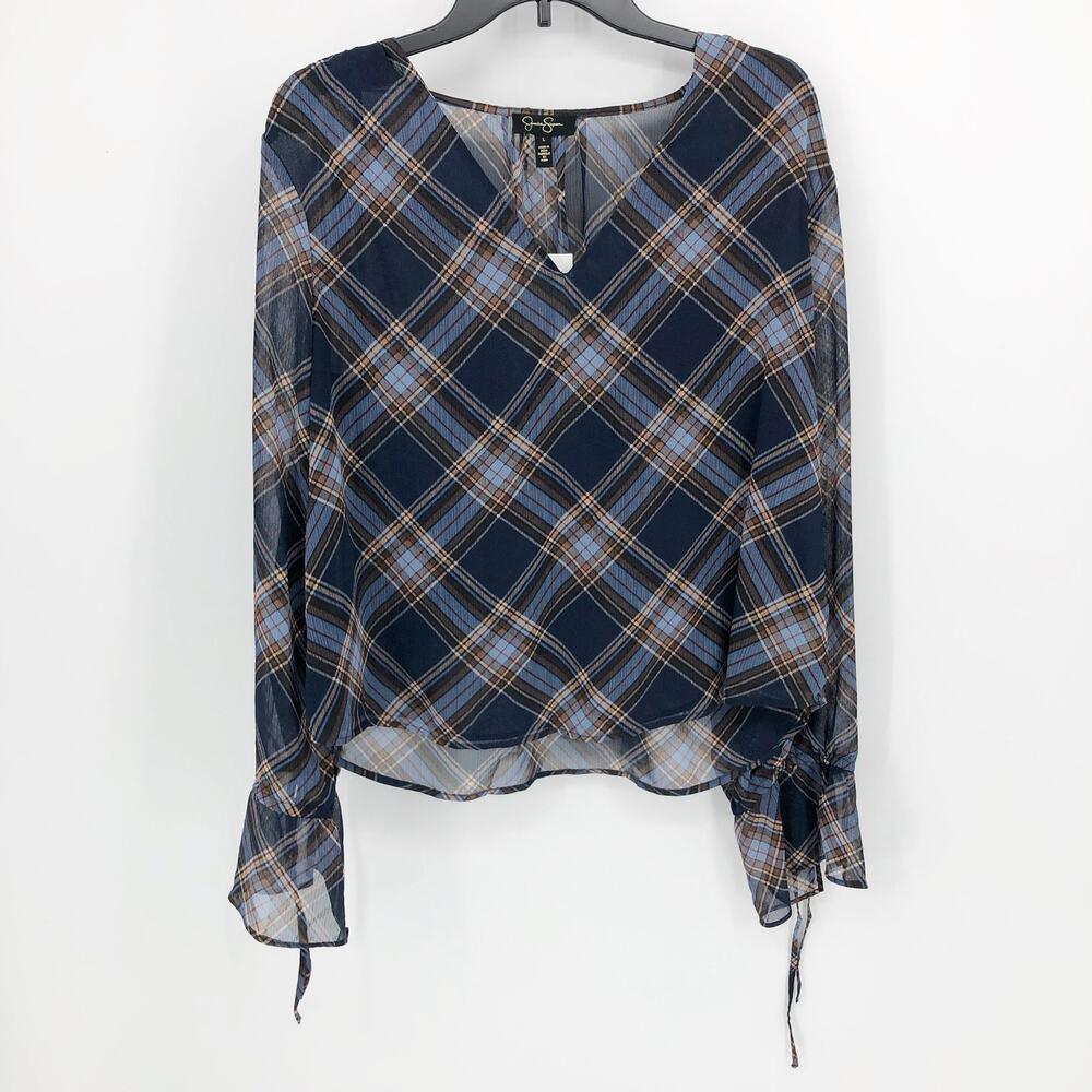 Jessica Simpson Womens Aurora Blouse Large Blue Plaid Long Sleeve V Neck NWT - Picture 3 of 11